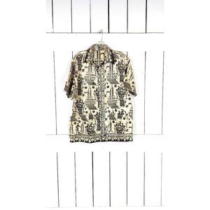 Vintage mens brown beige tribal Hawaiian tiki luau surfer shirt